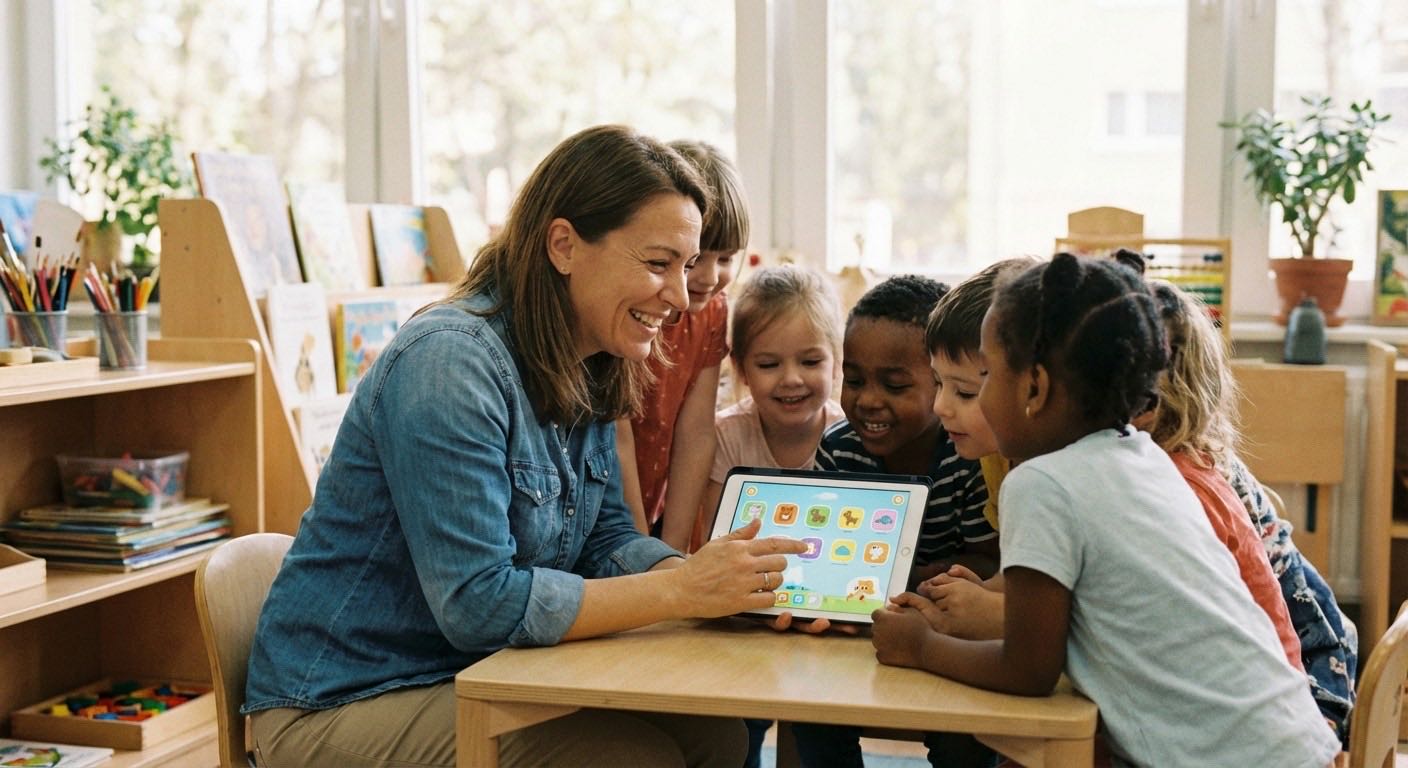 Staff training session on childcare software with tablet and intuitive interface