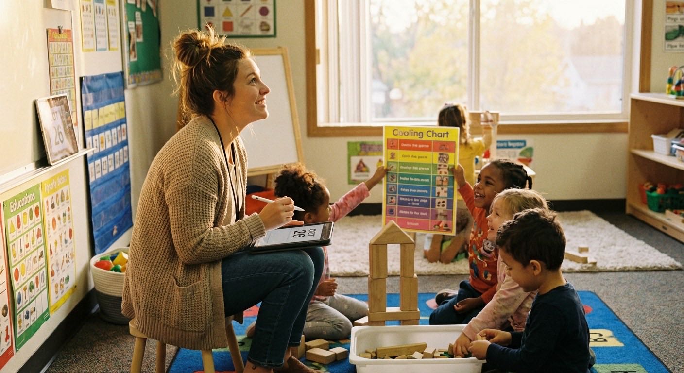 Teacher using tablet to capture activity photo for daily report during playtime