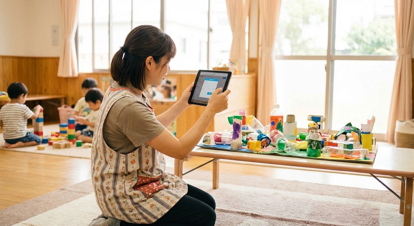 Childcare management app interface showing daily report creation with AI suggestions